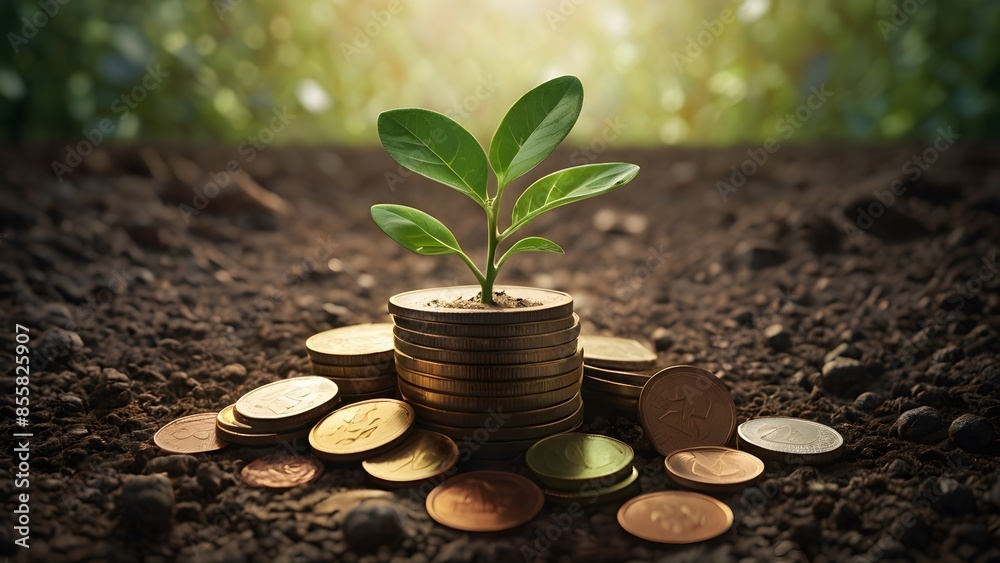 A small plant grows from a pile of coins. Financial growth concept, financial accounting, Investment Concept. A small plant grows from a pile of coins. Financial growth concept, financial accounting, Investment Concept.