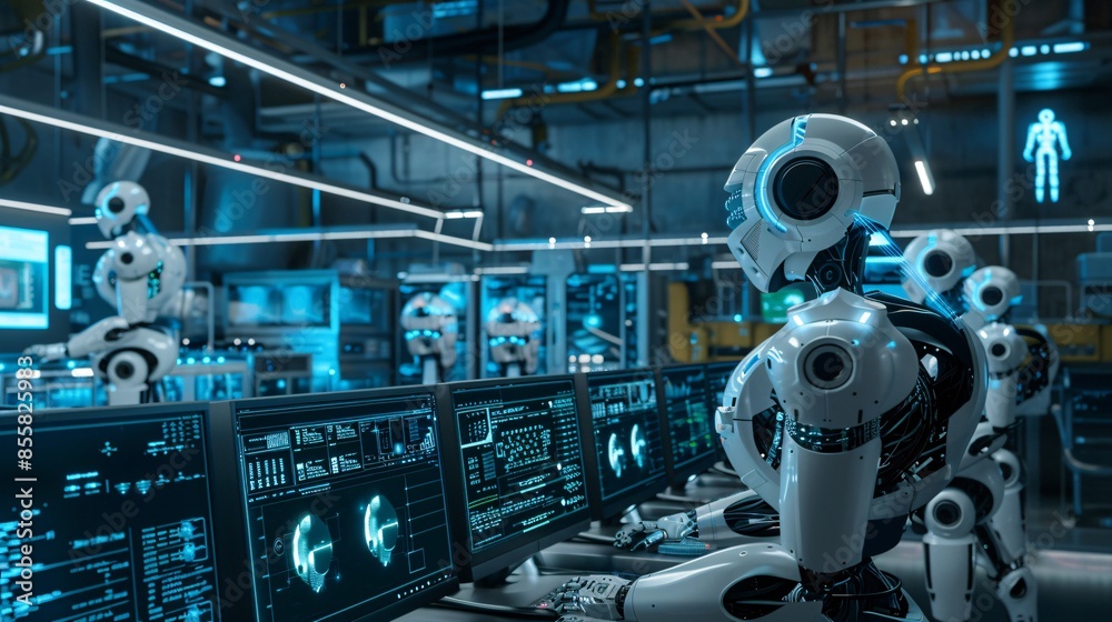 Robotics operations involve multiple computers working together and monitoring data in a modern living room setting, illustrating advanced technology integration. Robotics operations involve multiple computers working together and monitoring data in a modern living room setting, illustrating advanced technology integration.