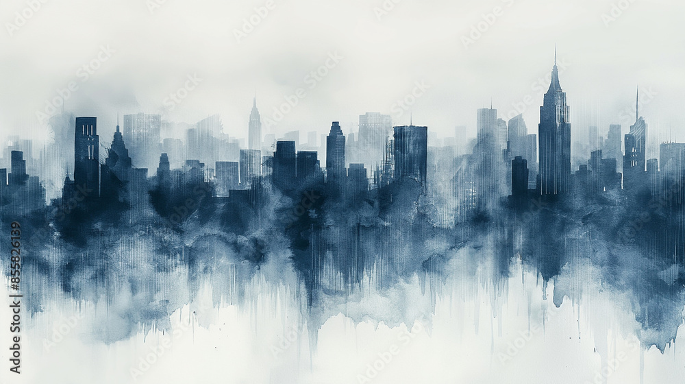 A city skyline is painted in blue with a white background A city skyline is painted in blue with a white background