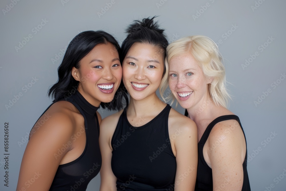 Three Multi Ethnic Group of Womans with diffrent types of skin and age groups together and looking on camera. Diverse ethnicity women - Caucasian, African and Asian posing and smiling. Three Multi Ethnic Group of Womans with diffrent types of skin and age groups together and looking on camera. Diverse ethnicity women - Caucasian, African and Asian posing and smiling.