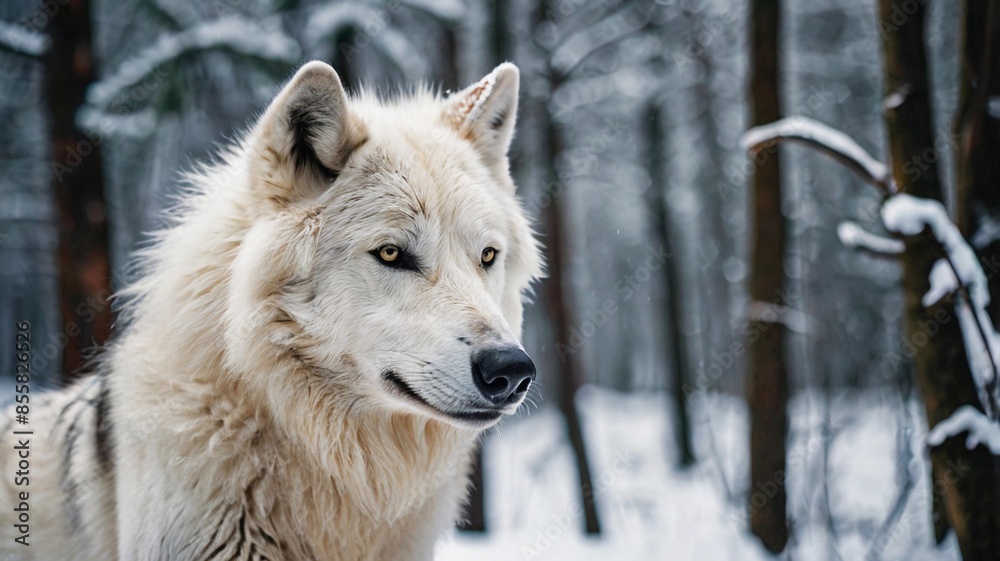 Fototapeta premium A big white wolf walking against the background of a winter forest