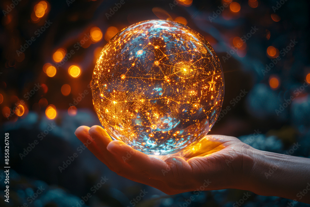 Fototapeta premium Hand holding a glowing crystal ball with star map inside.