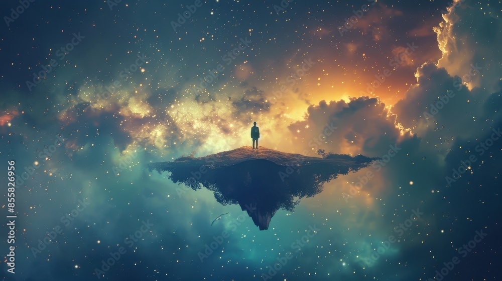 Fototapeta premium Surreal Landscape with Lone Figure on Floating Island in Starry Galaxy with Colorful Nebula Clouds