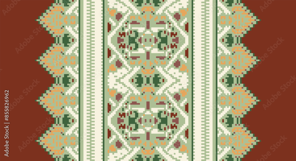 Folk embroidery cross stitch geometric floral pattern. Vector ethnic geometric floral shape seamless pattern. Folk floral embroidery pattern use for textile, home decoration elements, upholstery, etc.