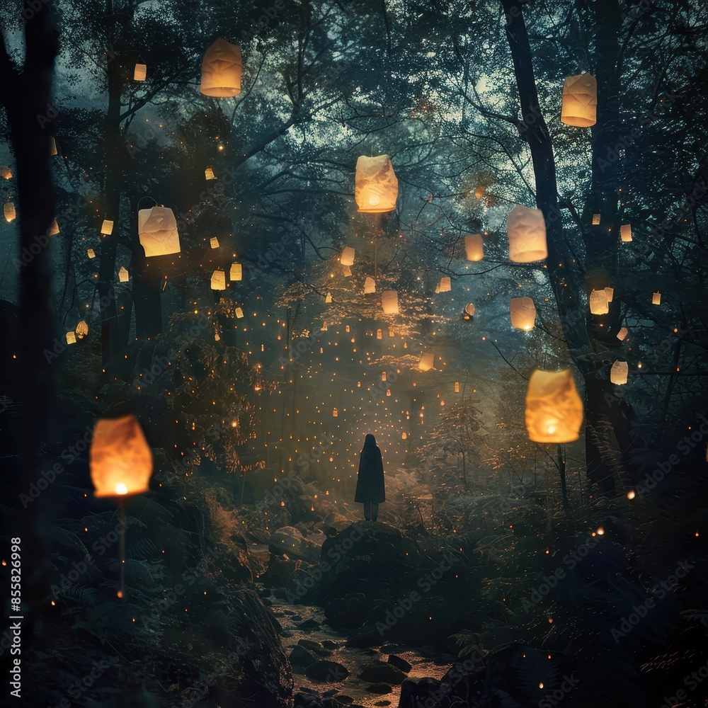 Enchanted Forest with Floating Lanterns at Night Creating a Magical and Mystical Atmosphere Enchanted Forest with Floating Lanterns at Night Creating a Magical and Mystical Atmosphere