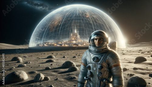 Fototapeta Naklejka Na Ścianę i Meble -  Astronaut standing on moon with futuristic city dome in background
