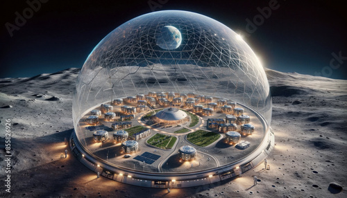 Futuristic moon colony inside glass dome under star-filled sky