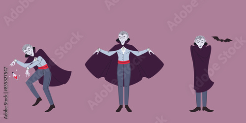 Vampire in different poses. Halloween character set in linear flat style.