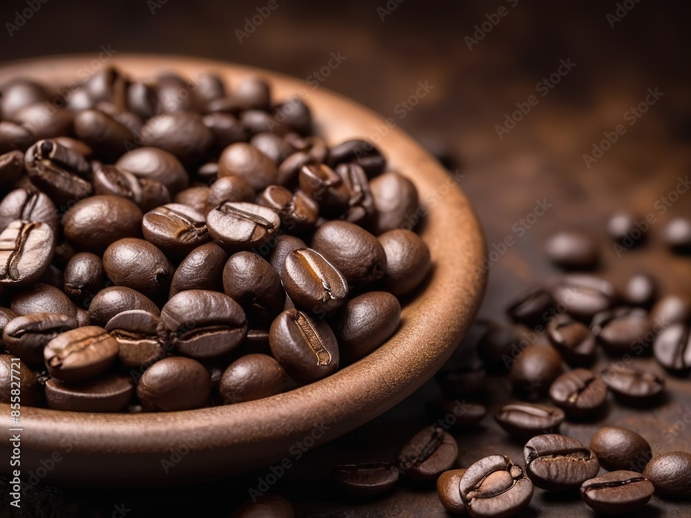 Fototapeta premium Closeup Freshly roasted coffee beans, brown color. On the container.