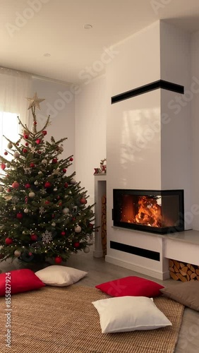 Christmas modern home interior during daytime with fireplace