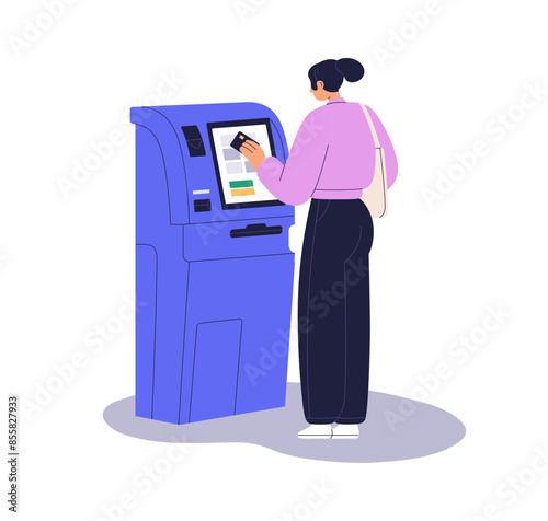 Woman at ATM with bank credit card in hand. Customer at automated teller machine, self-service terminal for money withdrawal and payment. Flat vector illustration isolated on white background