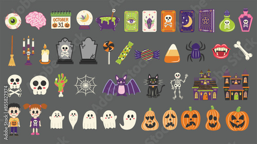 Spooky and magical Halloween elements set. Jack-o-lantern pumpkins, ghosts, zombie kids, skeleton, skull, tarot cards, trick or treat, candy corn candies and more. Hand drawn vector illustration.
