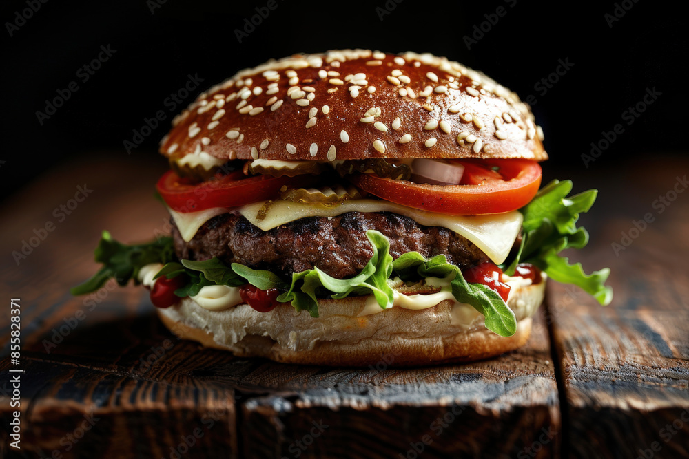Juicy burger with melted cheese, fresh toppings, and a toasted sesame seed bun sits on a rustic wooden table Juicy burger with melted cheese, fresh toppings, and a toasted sesame seed bun sits on a rustic wooden table