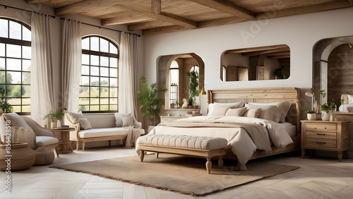 Spacious rustic bedroom interior with wooden furniture © Heruvim