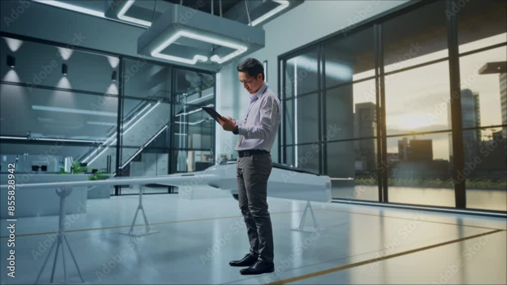 Full Body Side View Of An Asian Male Professional Worker Standing With His Tablet With Drone Project, High-tech Industrial Facility, Working Continuously With His Tablet Full Body Side View Of An Asian Male Professional Worker Standing With His Tablet With Drone Project, High-tech Industrial Facility, Working Continuously With His Tablet