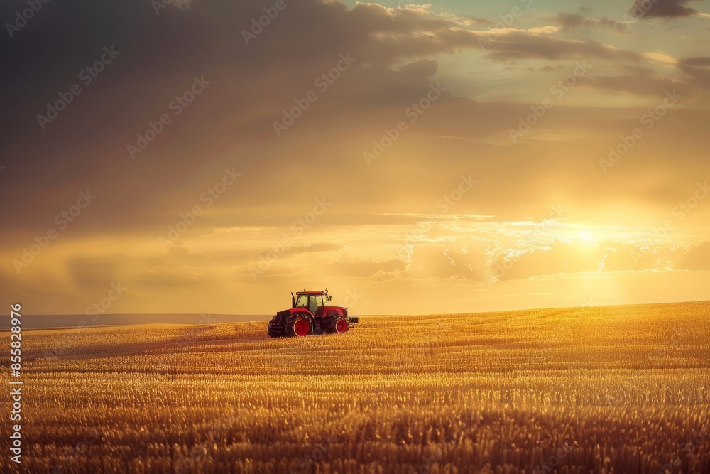 Fototapeta premium red tractor driving through a wheat field under a dramatic sunset sky, representing the timeless bond between man, machine, and land.
