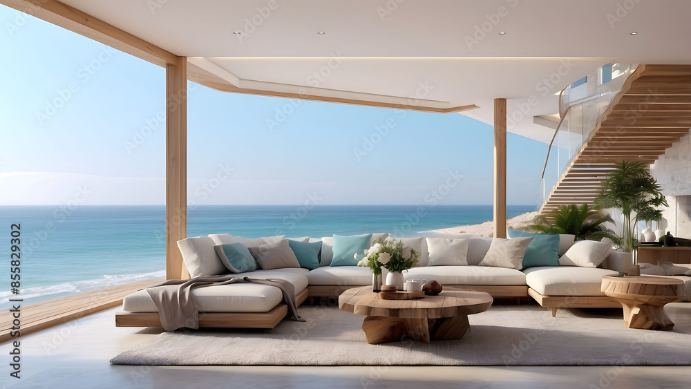 Fototapeta premium Luxurious beach house living room with sea view