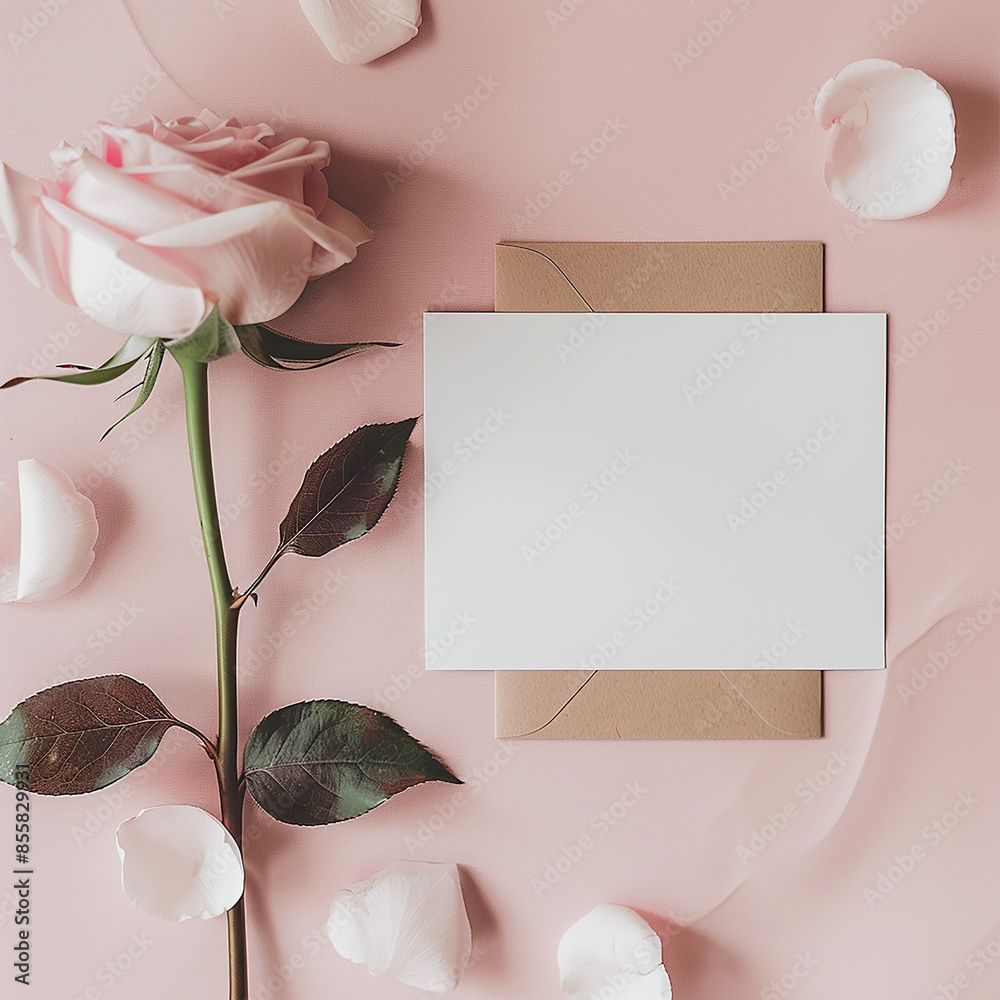 Fototapeta premium 3d rendered photos of a simple, minimalistic flat lay with a large blank greeting card in the center romantic made with generative AI