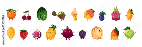 Funny fruit set. Happy orange, cute banana, mango, berry. Children's characters of healthy food with different emotions, expressions. Flat isolated drawing vector illustrations on white background
