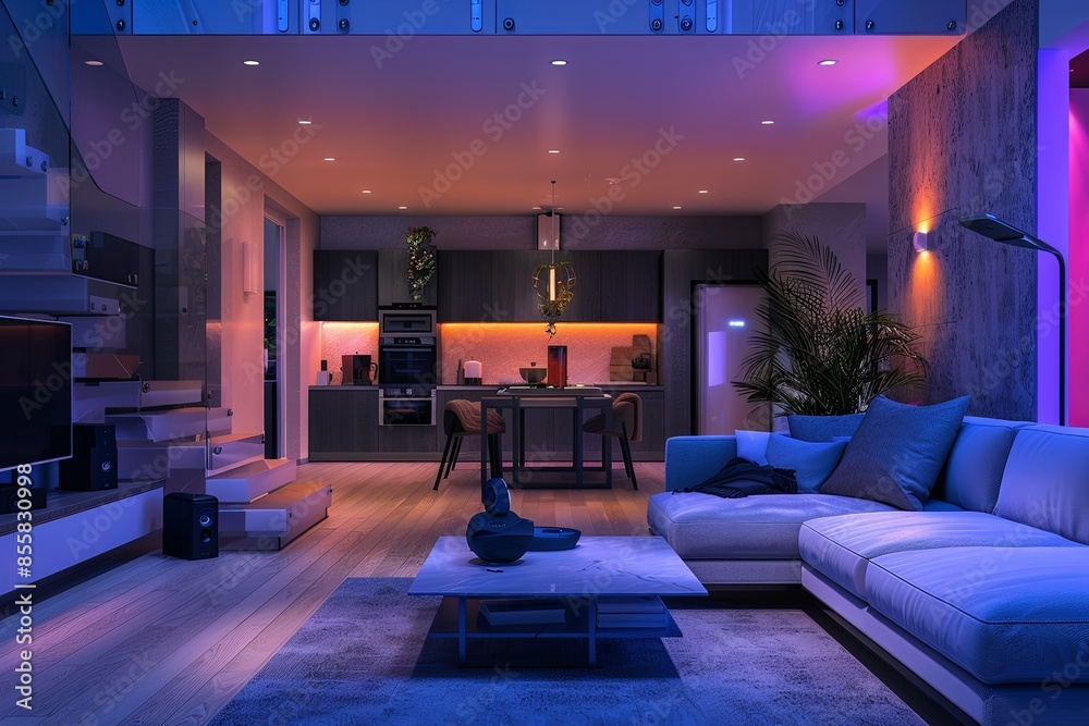 A sleek, contemporary smart home living room featuring automated lighting, voice assistants, and smart security systems. Generative AI A sleek, contemporary smart home living room featuring automated lighting, voice assistants, and smart security systems. Generative AI