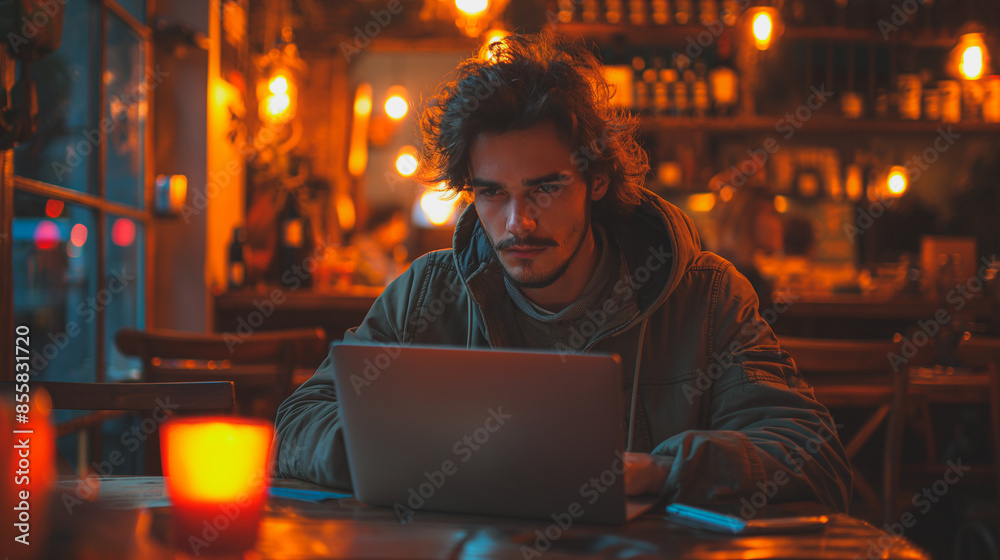 Obraz premium a man sitting in a restaurant using a laptop, focused on his work.