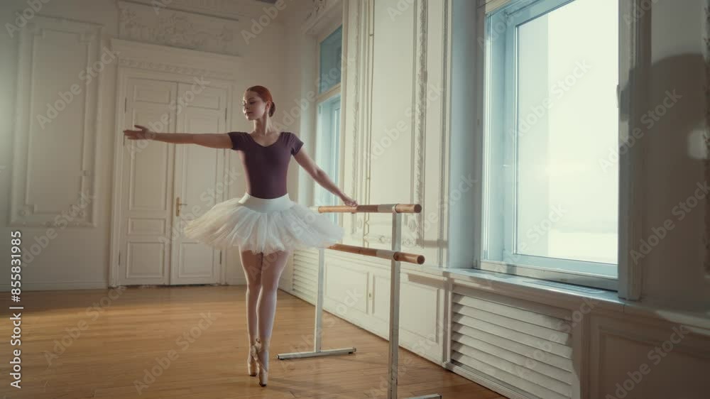 Graceful figure of ballerina near barre in rehearsal room, professional ballet. Beautiful lady in white tutu and pointe shoes exercising and practicing before performance, classic music and dance Graceful figure of ballerina near barre in rehearsal room, professional ballet. Beautiful lady in white tutu and pointe shoes exercising and practicing before performance, classic music and dance