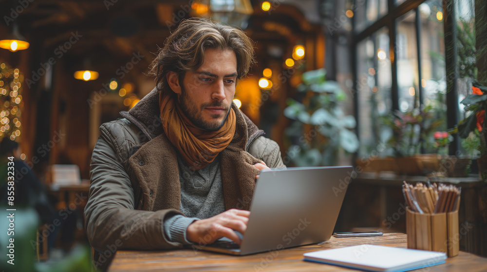 a man sitting in a restaurant using a laptop, focused on his work. a man sitting in a restaurant using a laptop, focused on his work.