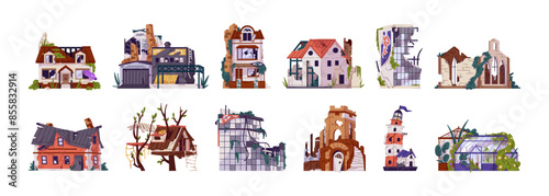 Destroyed buildings set. City collapses by apocalypse. Broken houses, old ruin of church, crumbling constructions, dilapidated lighthouse. Flat isolated vector illustrations on white background