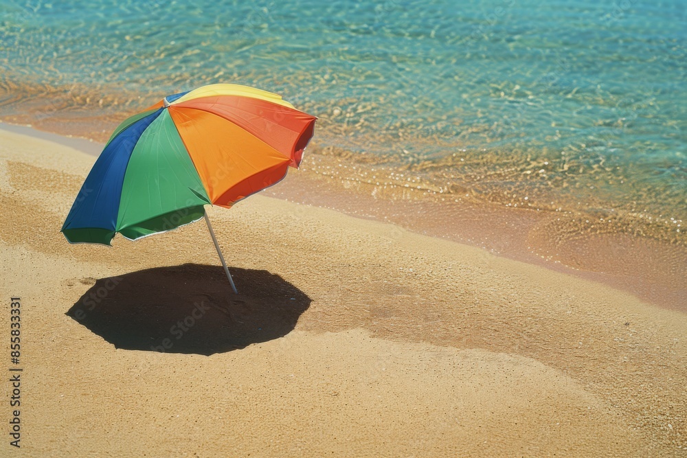 A vibrant parasol casting a shadow on the golden sand at a sunny beach in Greece. A vibrant parasol casting a shadow on the golden sand at a sunny beach in Greece.