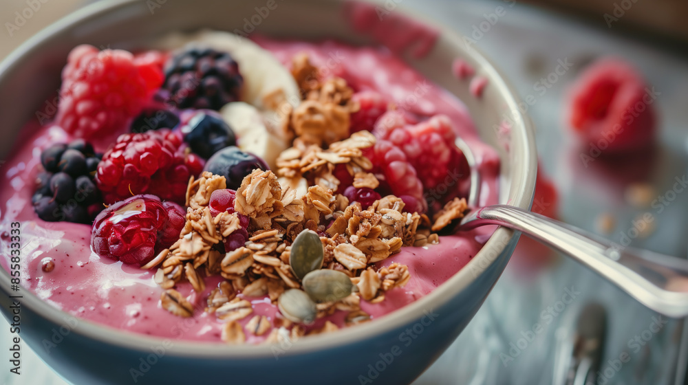 a refreshing fruit smoothie bowl topped with granola, seeds, and fresh berries a refreshing fruit smoothie bowl topped with granola, seeds, and fresh berries
