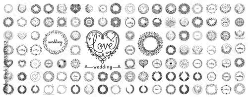 decorative hearts, leaves and flowers in the shape of a circle, black vector with the inscriptions love and wedding photo