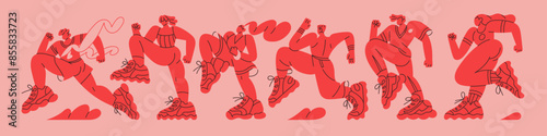 Abstract red silhouettes of people run fast. Crowd of athletes rushing to win in sports competition on banner. Runners' group jogging, winner crosses finish line. Flat contour vector illustration