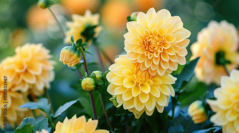 Bright yellow garden dahlias blooming