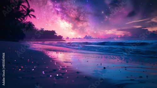 Beach bathed in neon lights, magical night sky filled with stars, space view, spring season concept, raw detail