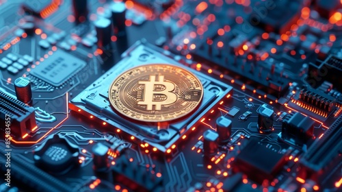Bitcoin icon digitalized on a complex motherboard interface, biometric prints included, raw and detailed, tech theme