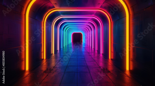 A long tunnel with neon lights in it