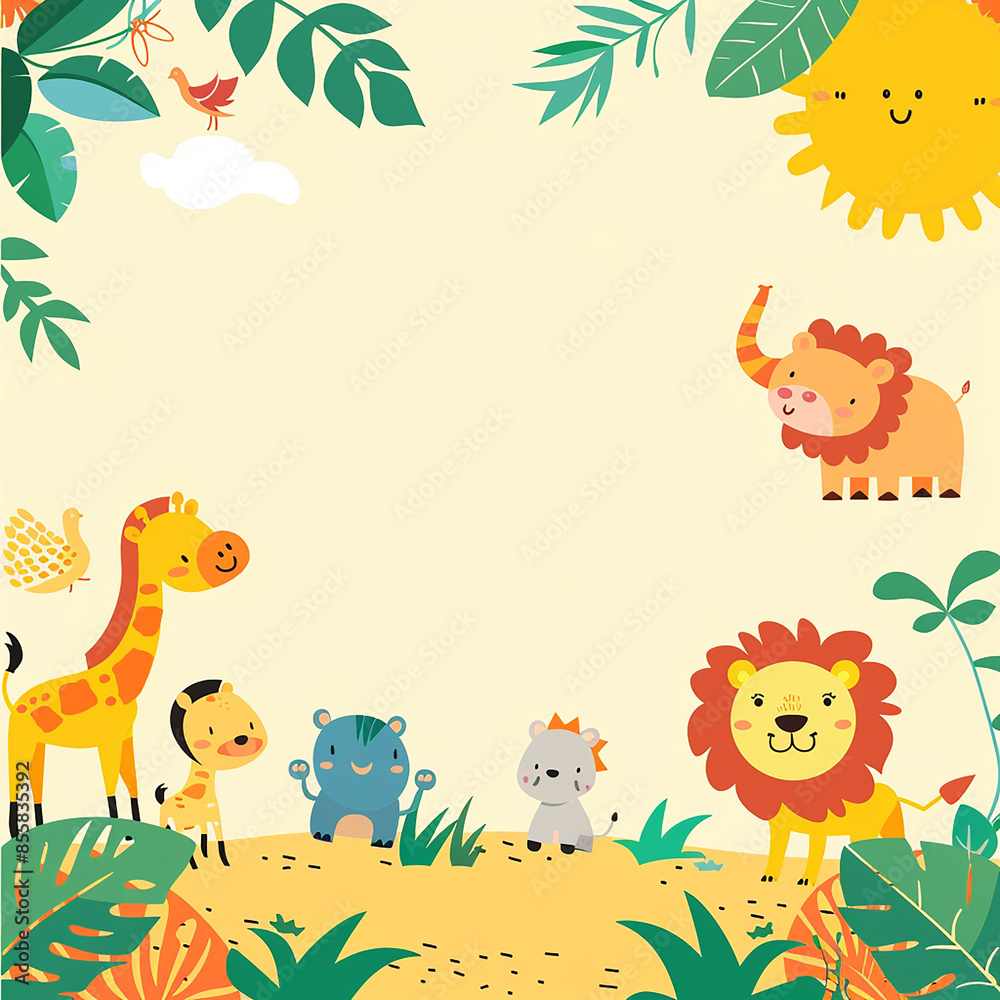 Naklejka premium A colorful, playful safari-themed birthday invitation made with generative AI