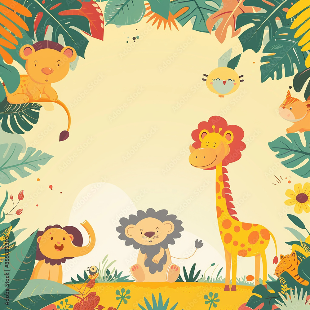 Obraz premium A colorful, playful safari-themed birthday invitation made with generative AI