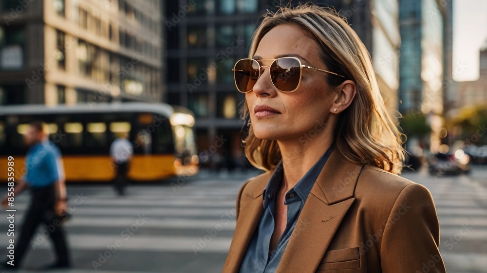 A businesswoman wearing a brown suit and sunglasses walks against the backdrop of a busy city A businesswoman wearing a brown suit and sunglasses walks against the backdrop of a busy city
