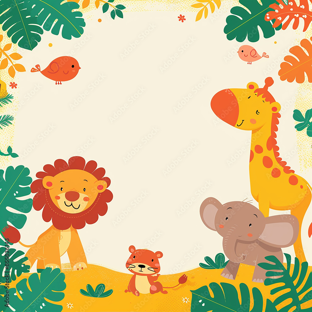 Naklejka premium A colorful, playful safari-themed birthday invitation made with generative AI