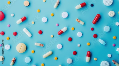 Vivid pills and tablets on blue backdrop with room for text Overhead view of variety of meds pain relievers antibiotics vitamins Health and pharmacy theme