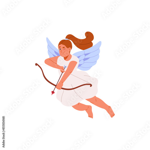 Cute cupid flying in air, aiming with bow. Baby angel shots in hearts with arrows of love. St. Valentines Day concept. Romantic symbol of 14 February. Flat isolated vector illustration on white