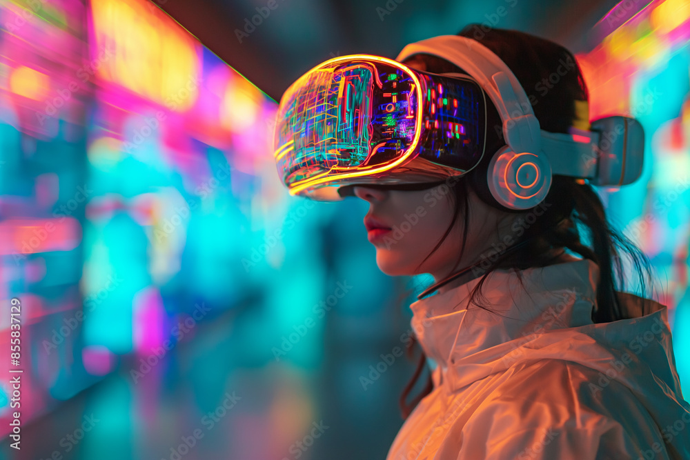 Close-up of a woman immersed in a virtual reality experience, with neon lights reflecting off the VR headset. Close-up of a woman immersed in a virtual reality experience, with neon lights reflecting off the VR headset.