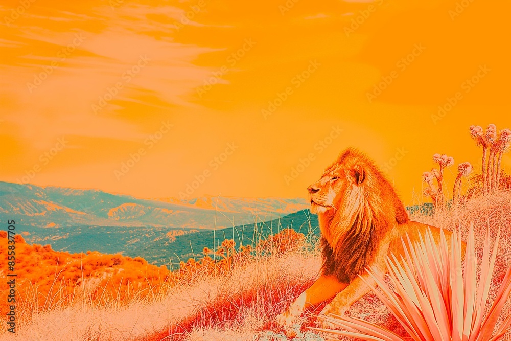 Thermal Vision of a Majestic Lion in a Surreal Landscape