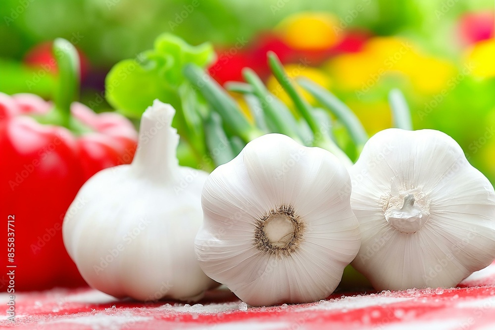 Close-Up Capture of Fresh Garlic Bulbs Set Against a Burst of Colorful Vegetables