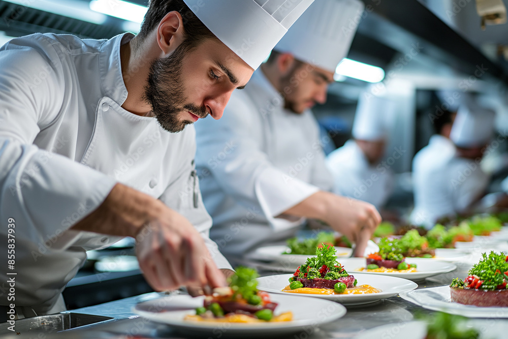 An intense moment as a chef expertly cooks with flames on a busy restaurant kitchen line, showcasing culinary skill and atmosphere. An intense moment as a chef expertly cooks with flames on a busy restaurant kitchen line, showcasing culinary skill and atmosphere.