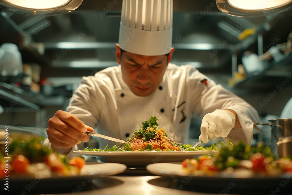 An intense moment as a chef expertly cooks with flames on a busy restaurant kitchen line, showcasing culinary skill and atmosphere. An intense moment as a chef expertly cooks with flames on a busy restaurant kitchen line, showcasing culinary skill and atmosphere.