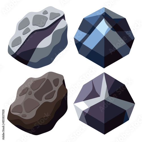 There are four distinct types of rocks displayed against a plain white backdrop