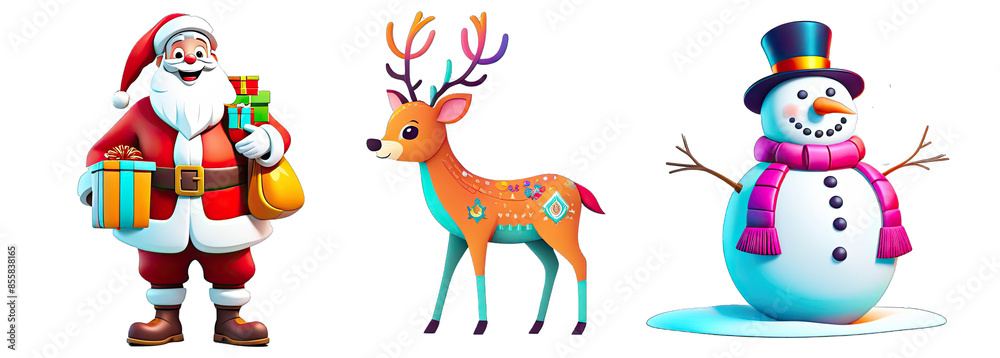 Obraz premium New Year, Christmas set of cartoon pictures on a transparent background. Santa Claus with gifts, cheerful snowman and Christmas reindeer. Great for holiday decorations or as stickers