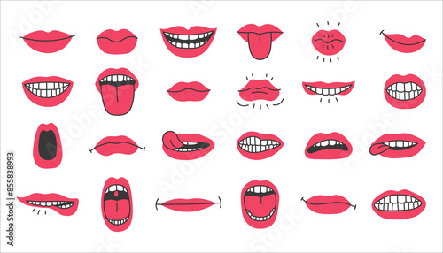 Mouth Lip Emotion Expression Vector Set. Large group of objects. Hand drawn illustrations. Collection with tooth tongue grin smile happiness sadness laugh anger open bite icons and symbols.